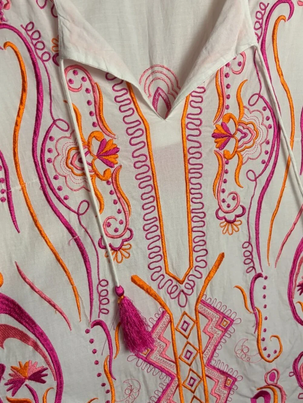 Gretchen Scott Size M Embroidered Tunic Top White Pink Tassel Tie Swim Cover Up